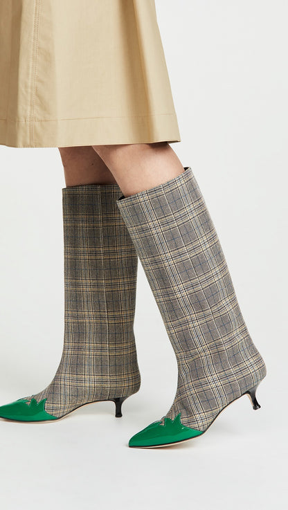 Grey Plaid Fabric Kitten Heel Green Pointy Toe Mid Calf Boots