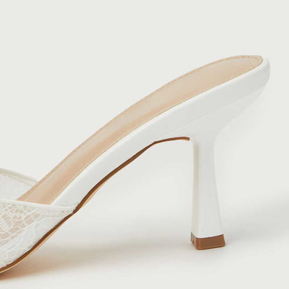 White Vegan Leather Pointed Toe 3'' Kitten Heel Rhinestone Mules