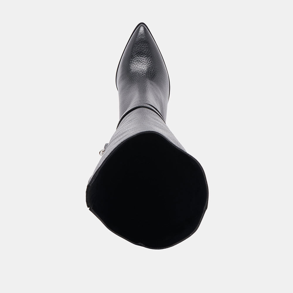 Black Buckle Strap Pointed Toe Block Heel Knee High Boots with Zipper