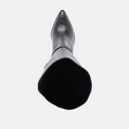 Black Buckle Strap Pointed Toe Block Heel Knee High Boots with Zipper