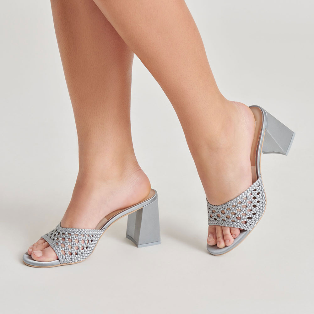 Chic Gray Woven Detail Open Round Toe Mule Block Heel Sandals