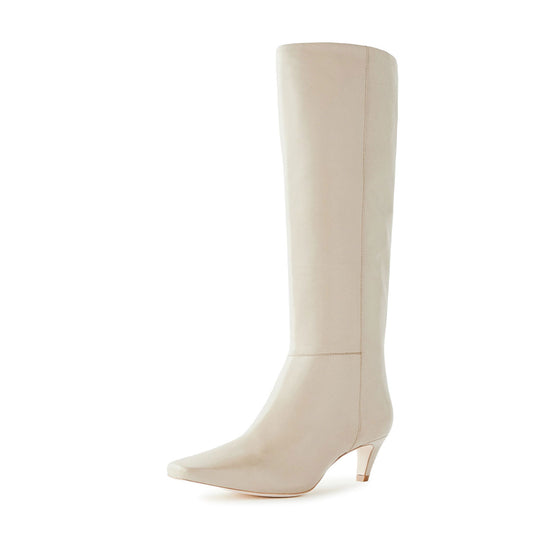 Pull-On Vegan Leather Square Toe Kitten Heel Knee High Boots in Ivory