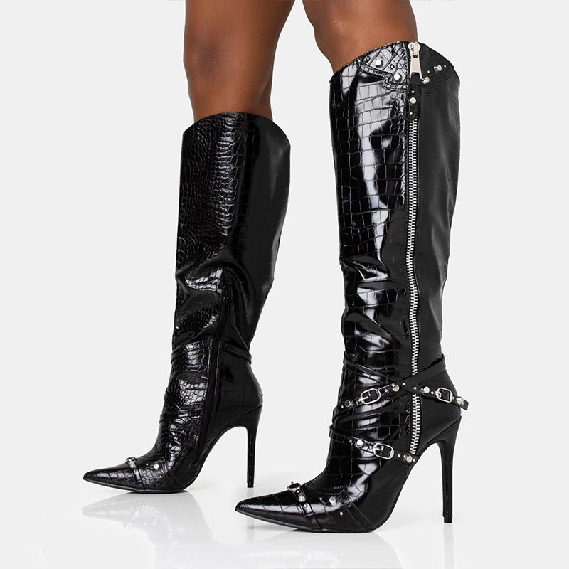 Black Pointed Toe Stiletto Heel Patent Leather Knee High Boots
