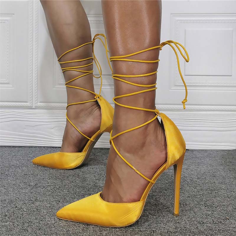 Yellow Satin Stiletto Heels Women's Pointed Toe Strappy Evening Pumps