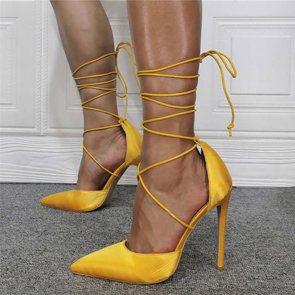 Yellow Satin Stiletto Heels Women's Pointed Toe Strappy Evening Pumps