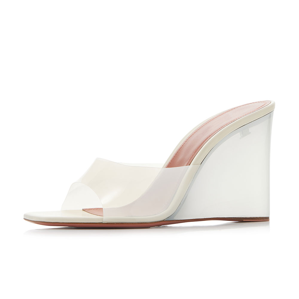 Beige Open Square Toe PVC Band Translucent Wedge Mules Sandals