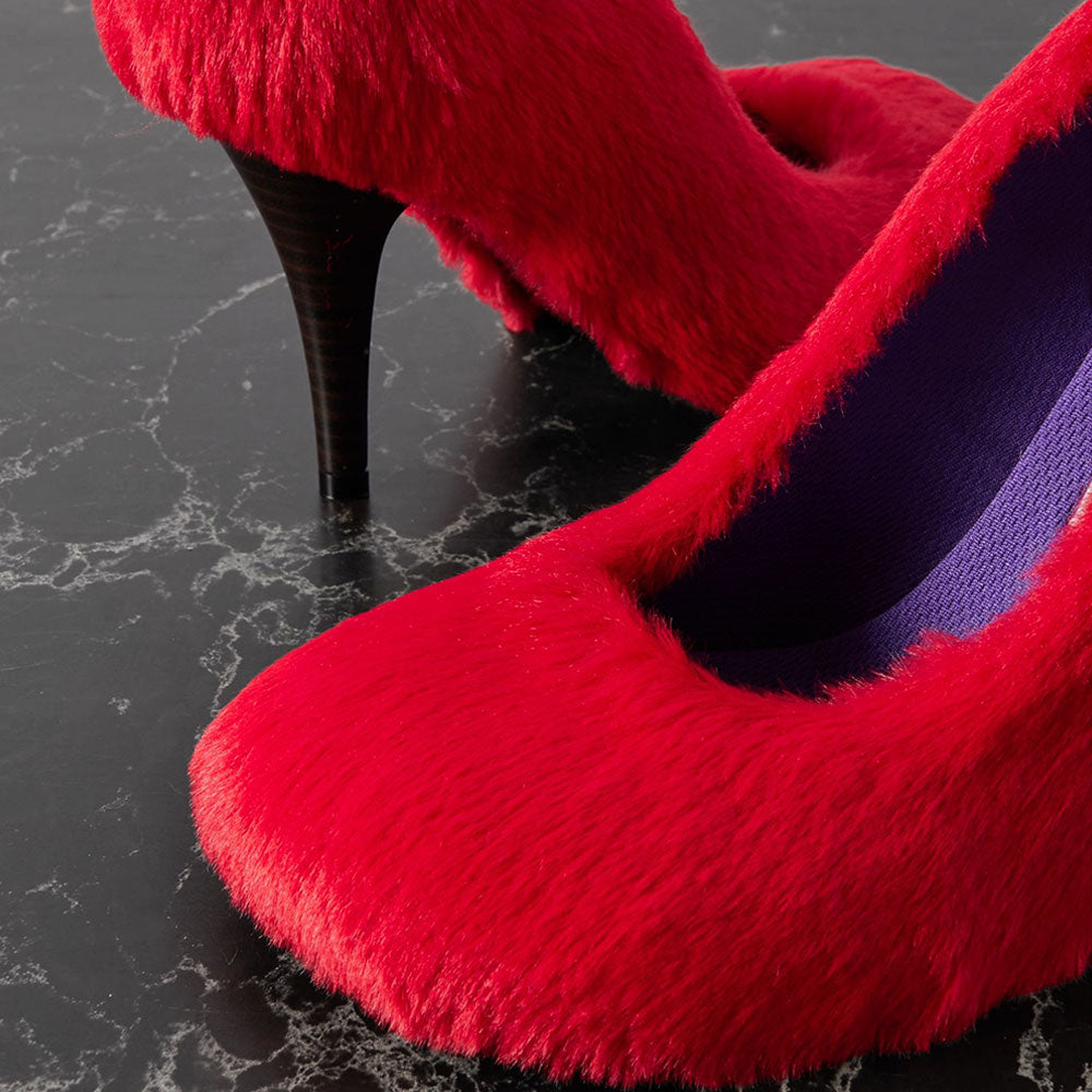 Women's Red Round Toe Shaggy Faux Fur Pumps Heels