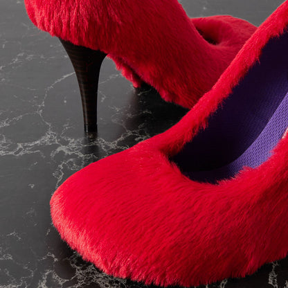 Women's Red Round Toe Shaggy Faux Fur Pumps Heels