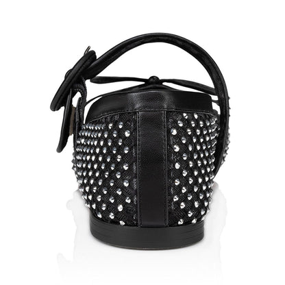 Black Mesh Square Toe Rhinestone Embellished Buckled Ballet Flats