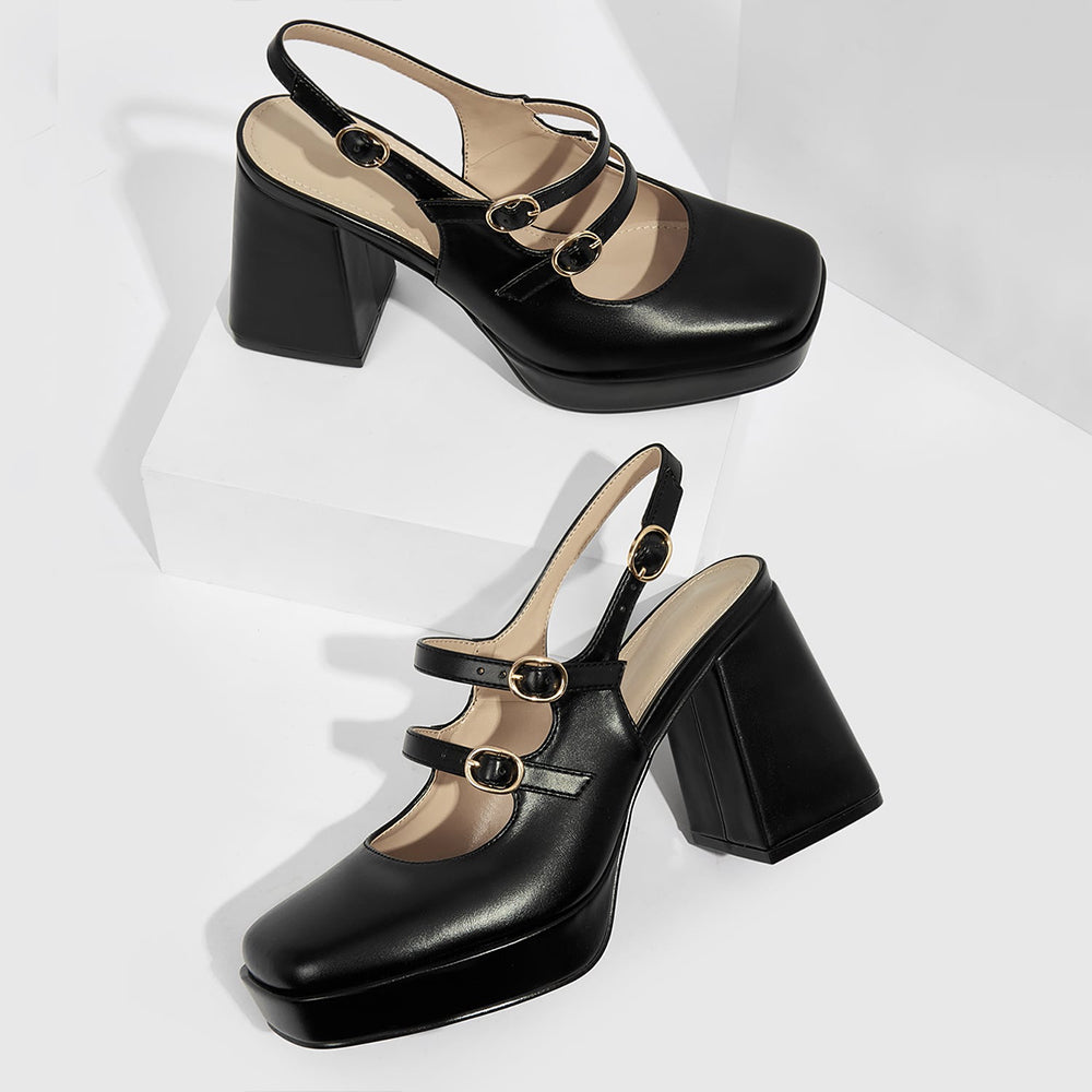 Black Closed Toe 4'' Chunky Heel Strappy Loafers with Platform