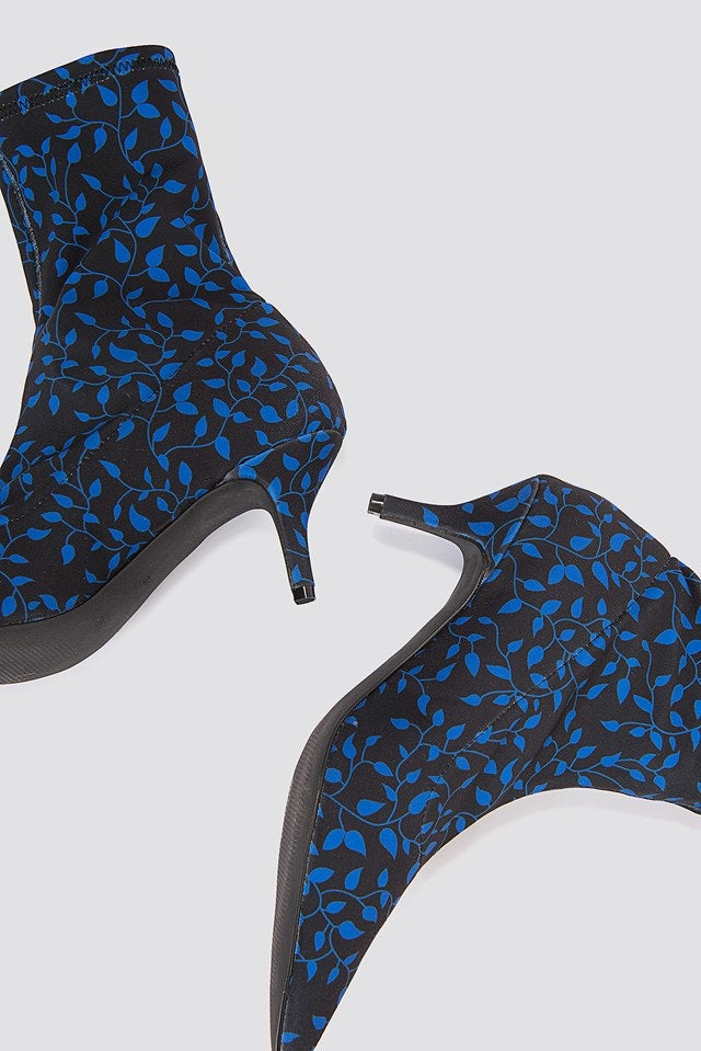 Black Sock Booties Floral Print Kitten Heel Ankle Boots