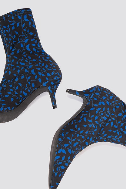 Black Sock Booties Floral Print Kitten Heel Ankle Boots
