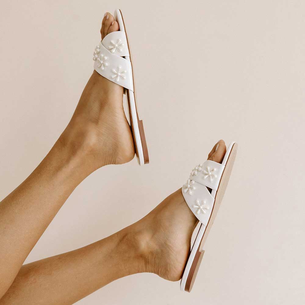 White Satin Square Toe Flat Pearl Inlay Slippers