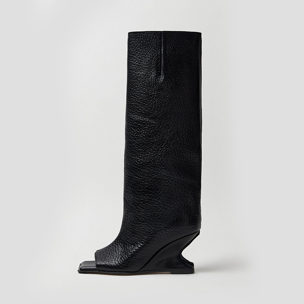 FSJ Black Open Square Toe Textured Wedge Heel Knee High Boots