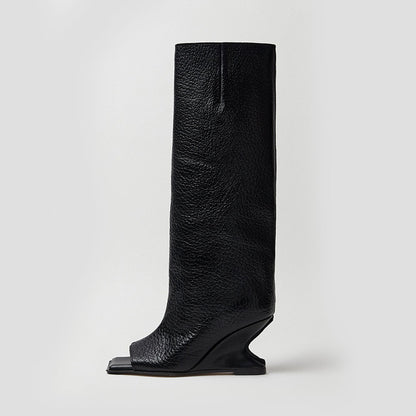 FSJ Black Open Square Toe Textured Wedge Heel Knee High Boots