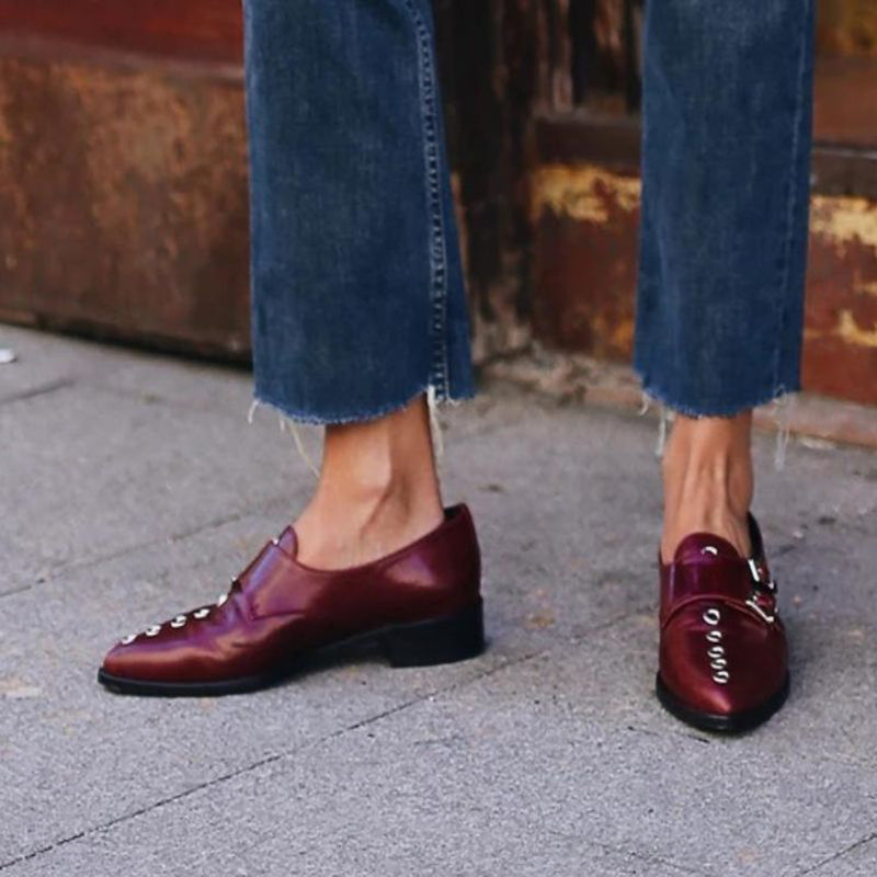 Burgundy Pointed Toe Women's Loafers Vintage Double Monk Strap Shoes