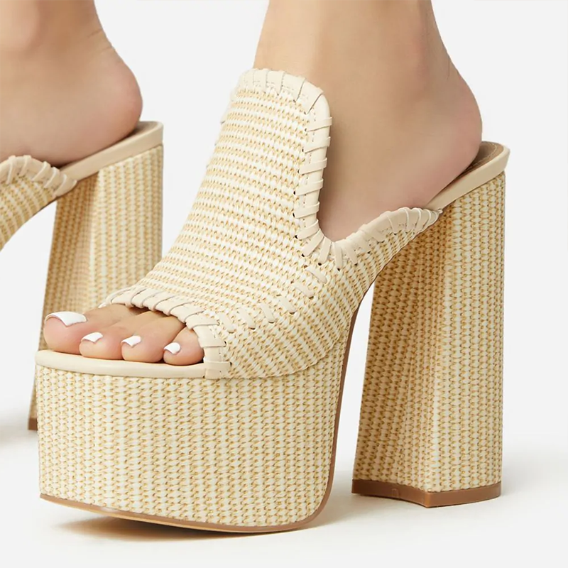 Beige Raffia Open Toe Chunky Heel Woven Platform Mules Sandals