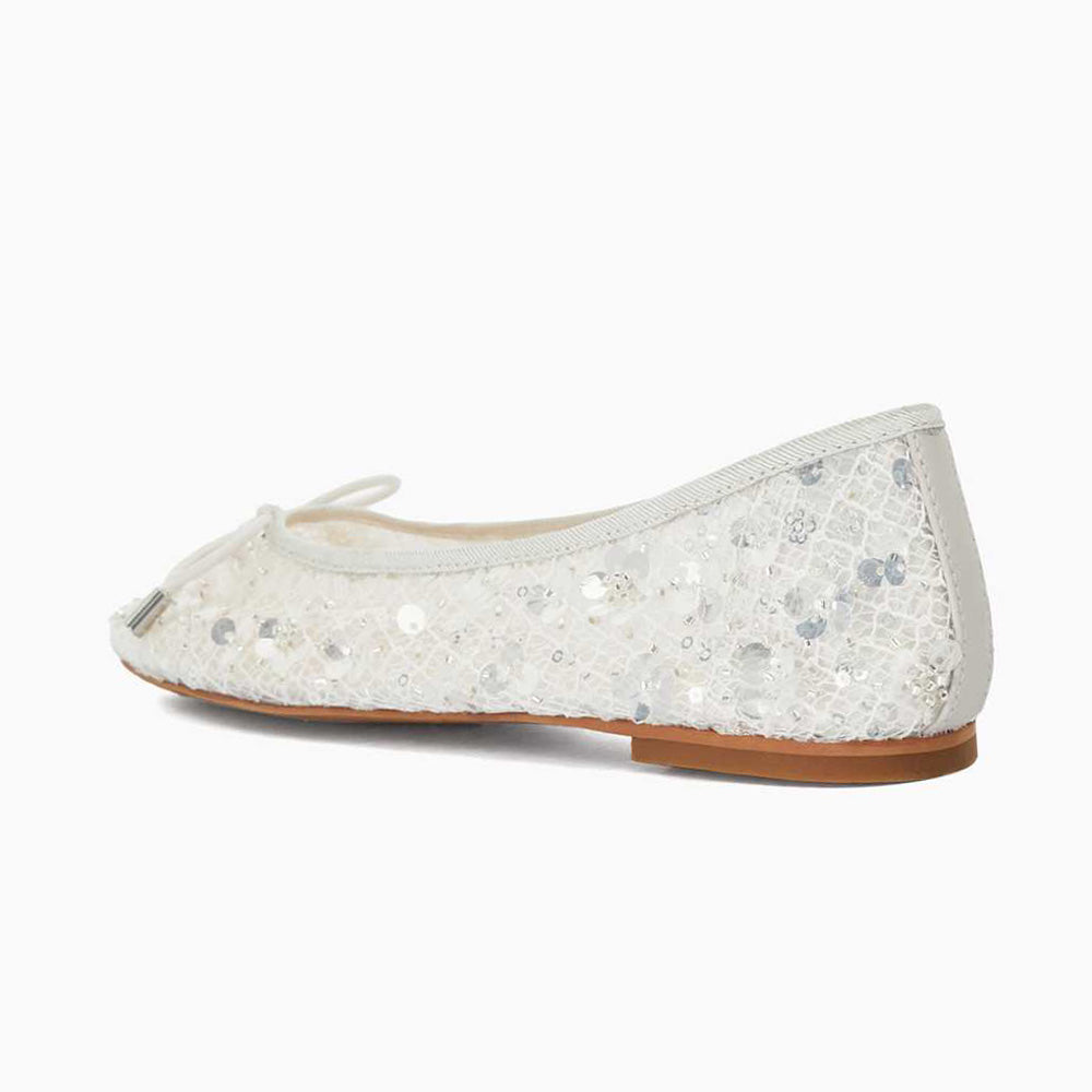 Chic White Mesh Sequin Flower Square Toe Bow Decor Ballet Flats