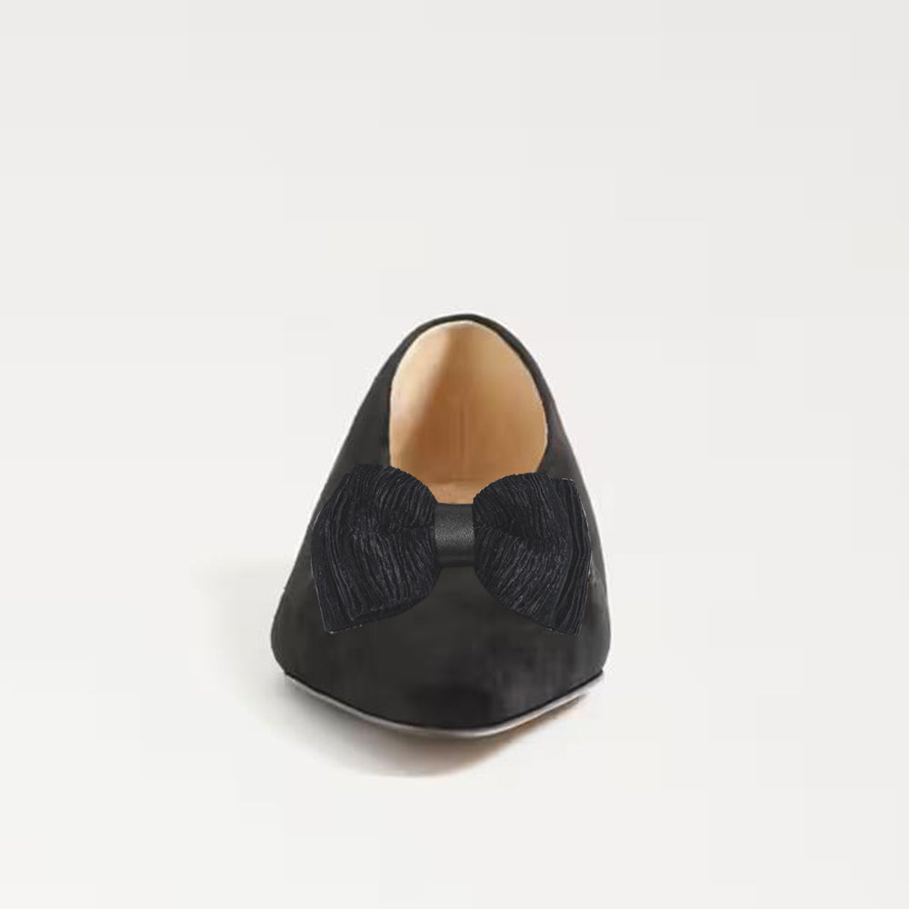 Black Pointed Toe Suede Flats With Bow Decor Chunky Low Heel