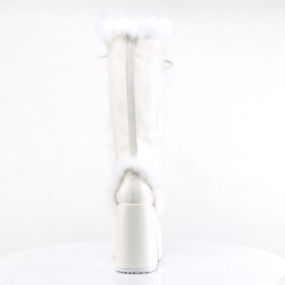 White Lace-Up Faux Fur Round Toe Block Heel Platform Knee High Boots