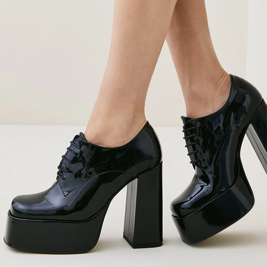 Black Patent Leather Closed Square Toe Lace Up Platform Loafers With Chunky Heels