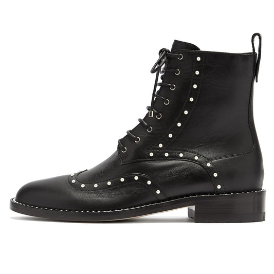Black Wingtip Pearls Studded Low Heel Lace Up Ankle Boots for Women