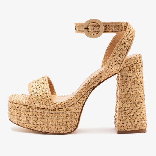 Nude Raffia Woven Ankle Strap Open Toe Platform Sandals for Women