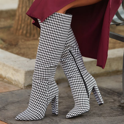 FSJ Black and White Houndstooth Chunky Heel Knee High Boots