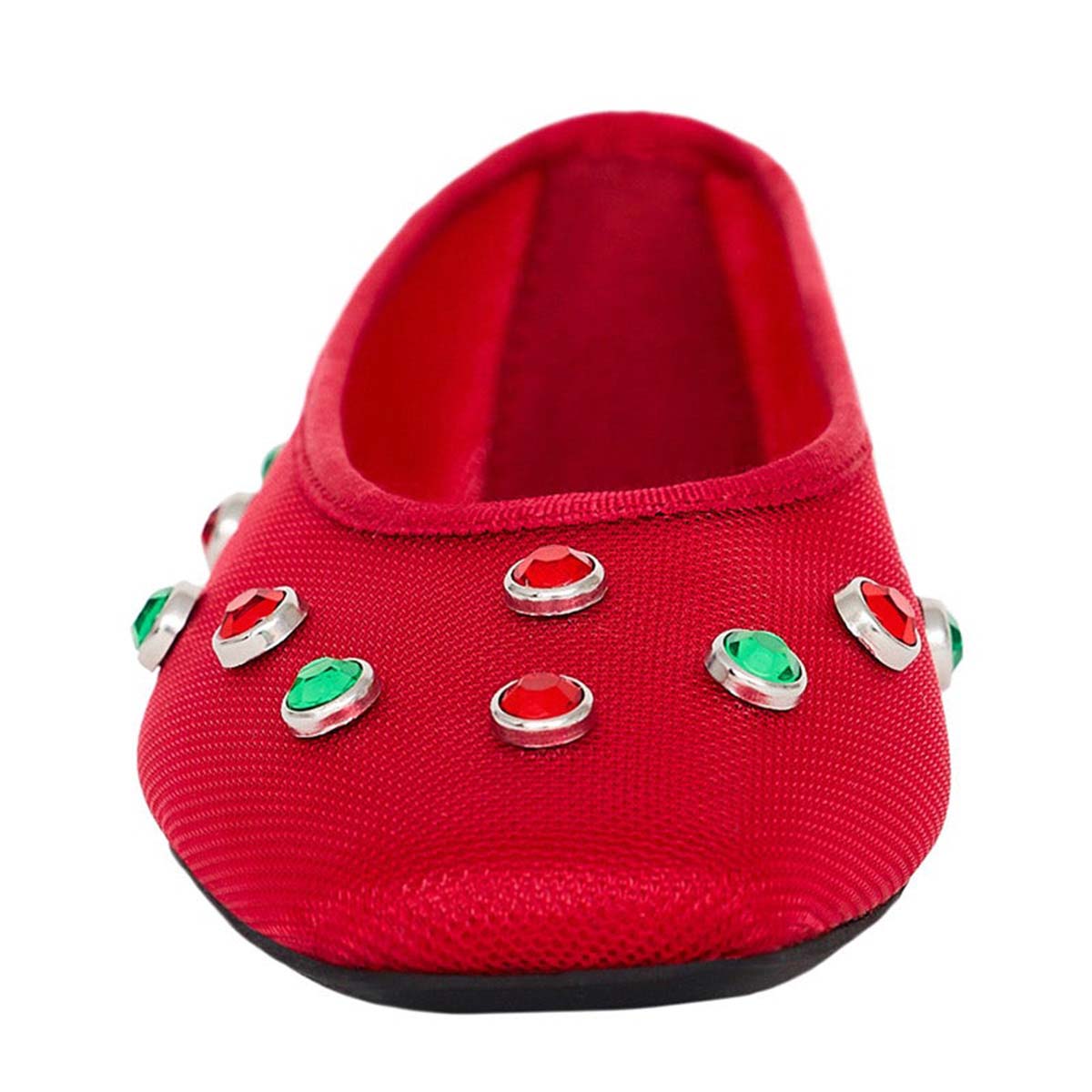 Women's Red Square Toe Mesh Ballet Flats with Colorful Studs