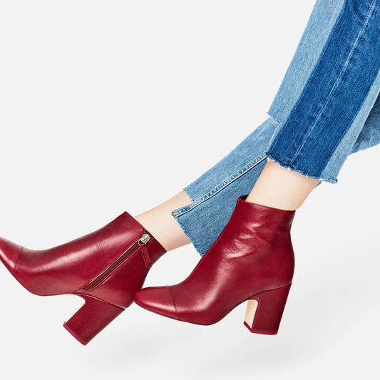 Women's Burgundy Zip Chunky Heel Round Toe Ankle Boots
