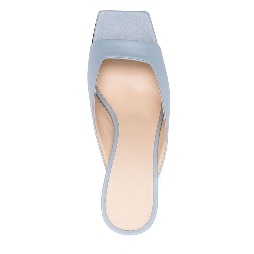 Women's Blue Square Toe Block Heel Mules Shoes
