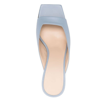 Women's Blue Square Toe Block Heel Mules Shoes