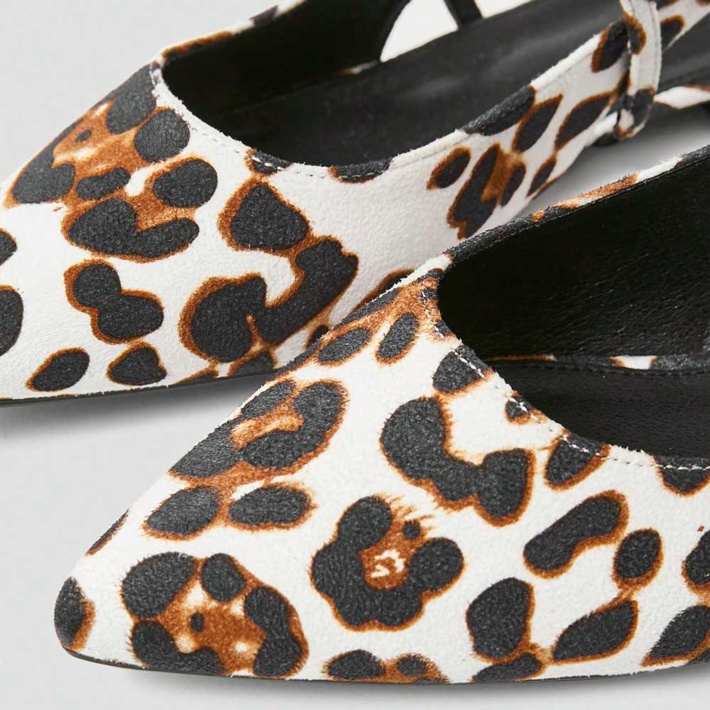 White & Brown Vegan Suede Leopard Print Pointy Toe Slingback Flats