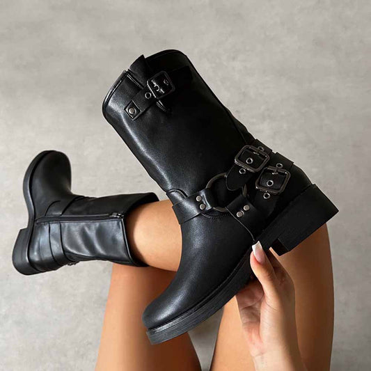 Black Vegan Leather Closed Toe Low Chunky Heel Buckled Ankle Boots