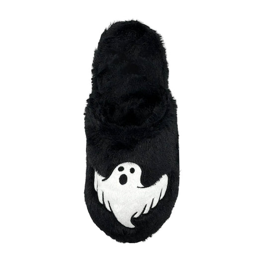 Black Faux Fur Round Toe Ghost Embroidered Winter Mules for Women