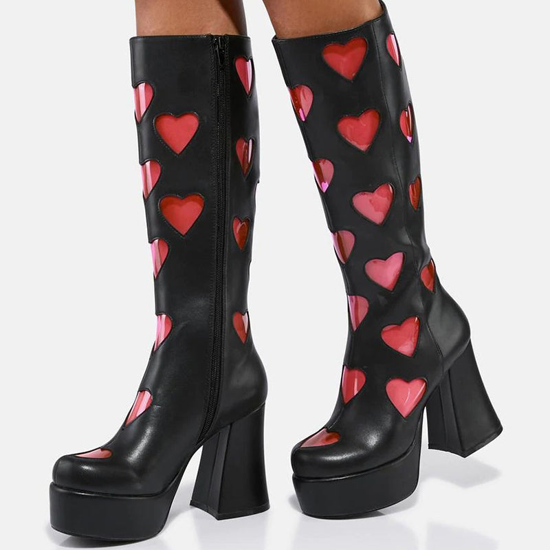 Black Round Toe Pink Heart Detail Y2K Knee High Boots with Platform