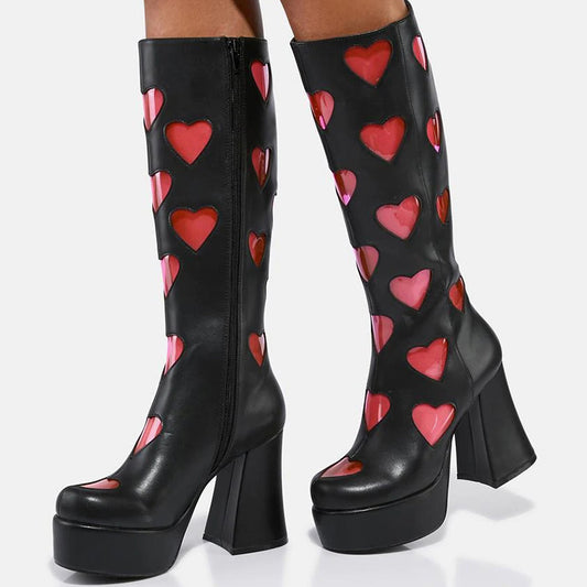 Black Round Toe Pink Heart Detail Y2K Knee High Boots with Platform