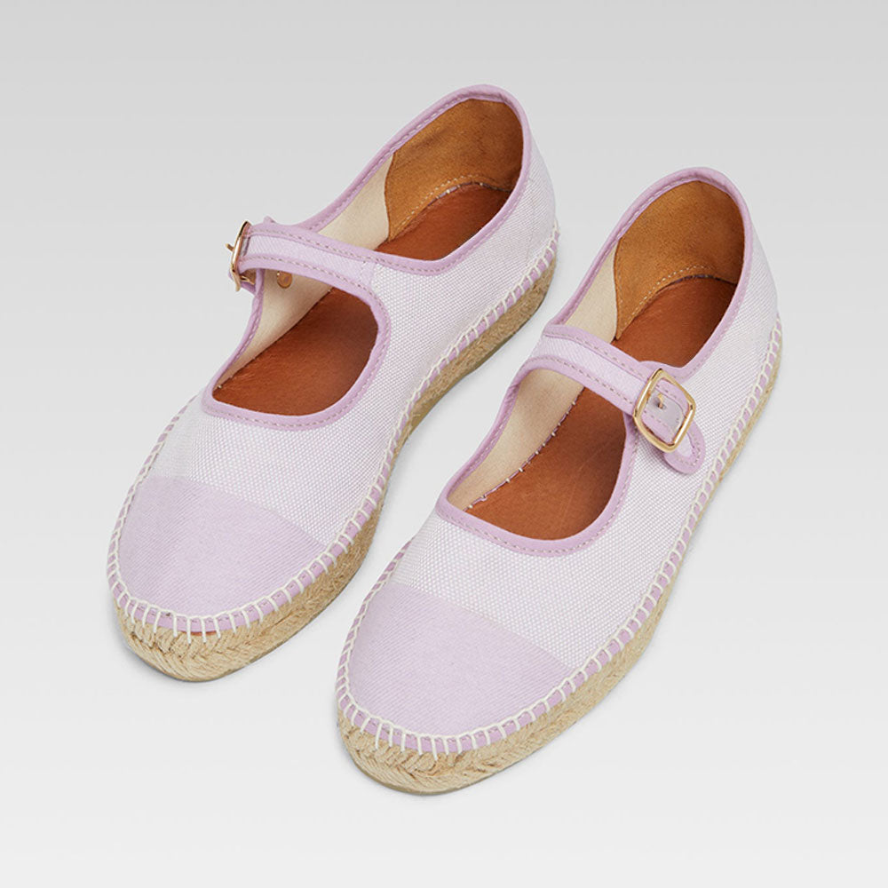 Lavender & White Round Toe Buckled Strap Espadrille Mary Jane Flats