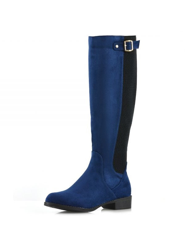 Navy Closed Toe Low Heel Buckled Zip Closure Knee High Boots for Women