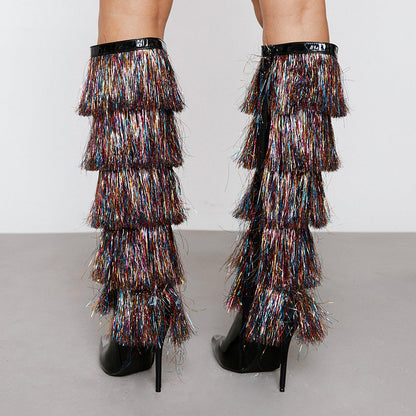 Black Patent Leather Multicolor Fringe Heeled Knee High Boots