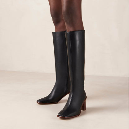 Black Vegan Leather Square Toe Chunky Heel Side-Zipper Knee High Boots