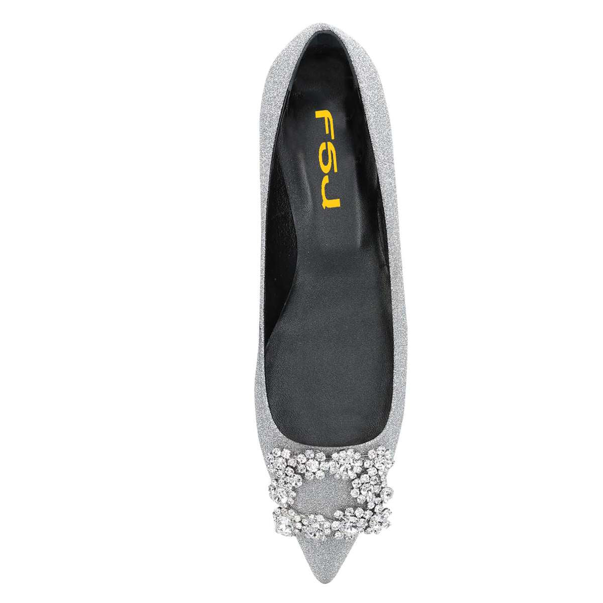 Silver Glitter Pointed Toe Comfortable Flats with Rhinestone Buckle