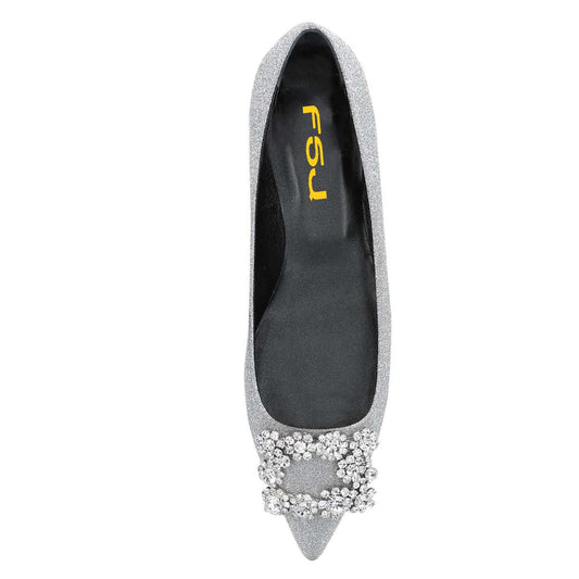 Silver Glitter Pointed Toe Comfortable Flats with Rhinestone Buckle