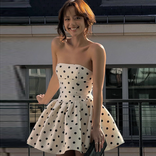 Vintage Dot Pattern Strapless A-Line Short Summer Dresses Party Dress Homecoming Dress TP4365