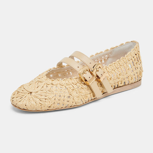 Beige Raffia Woven Round Toe Double Buckle Flat Shoes for Women