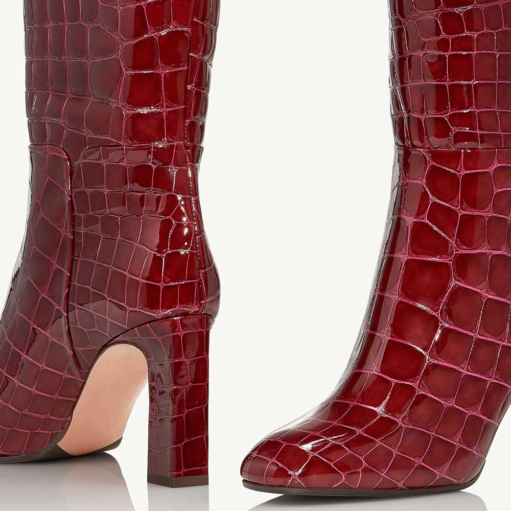 Brown Patent Leather Round Toe Chunky Heel Wide Calf Knee High Boots