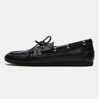 Vintage Black Faux Leather Round Toe Flat Lace Up Women's Loafers