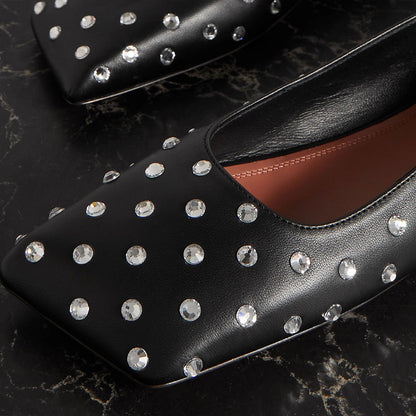 Black Square Toe Rhinestone Decor Strappy Ballet Flats