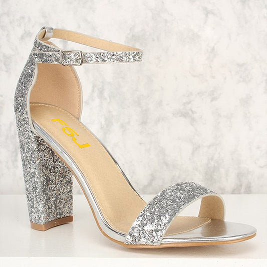 Women's Silver Glitter Shoes Chunky Heels Ankle Strap Sandals