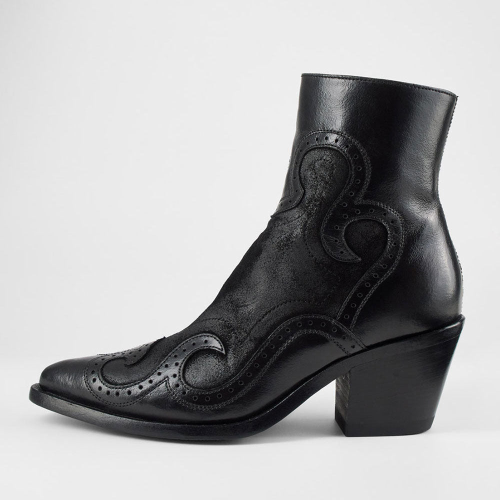 Black Patchwork Pointed Toe Perforated Block Heel Zip Ankle Boots